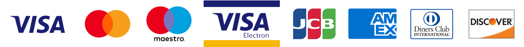 Visa, Mastercard, Maestro, Visa Electron, JCB, American Express, Diners Club, Discover